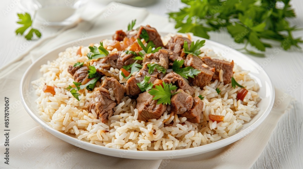 A plate of white rice topped with diced beef and green onions A plate of white rice topped with diced beef and green onions