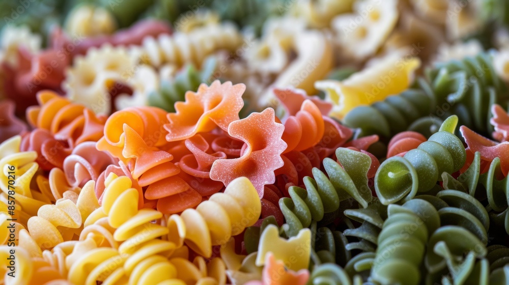 A vibrant mix of colorful pasta shapes displayed on a white plate, creating a visually appealing and appetizing image A vibrant mix of colorful pasta shapes displayed on a white plate, creating a visually appealing and appetizing image