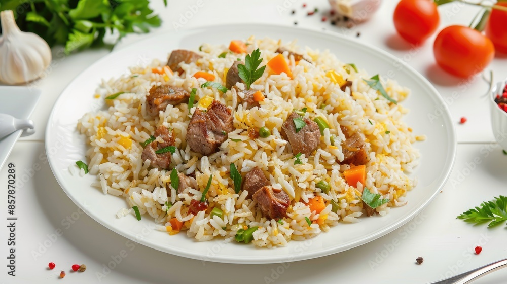 A plate of white rice topped with diced beef and green onions A plate of white rice topped with diced beef and green onions