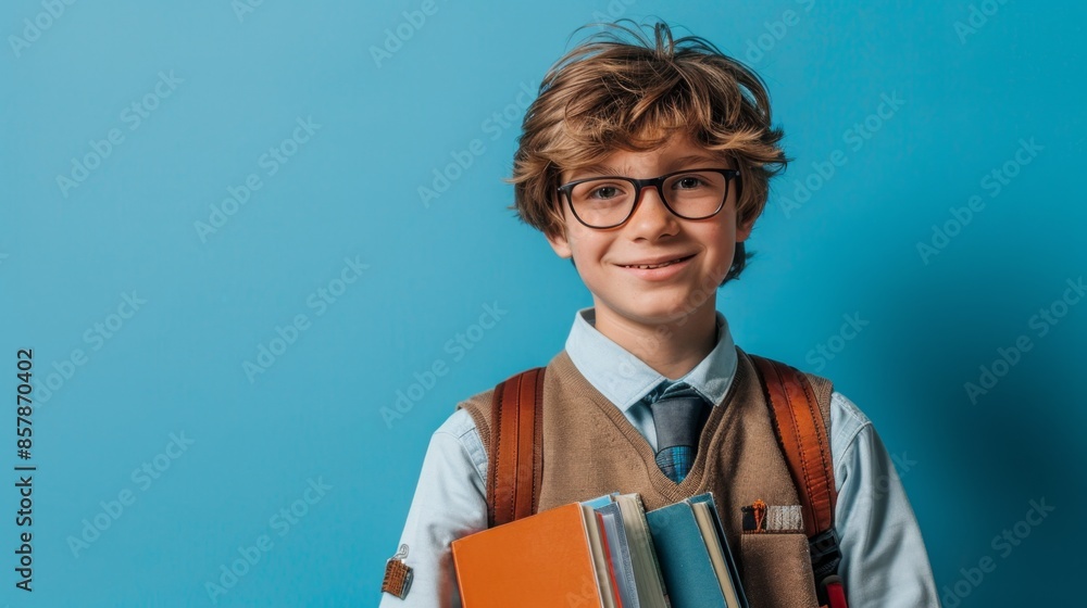 portrait of a smiling Caucasian schoolboy 10 -12 years old in a school uniform with textbooks in his hands and a school bag on his shoulders, studio shooting blue background portrait of a smiling Caucasian schoolboy 10 -12 years old in a school uniform with textbooks in his hands and a school bag on his shoulders, studio shooting blue background