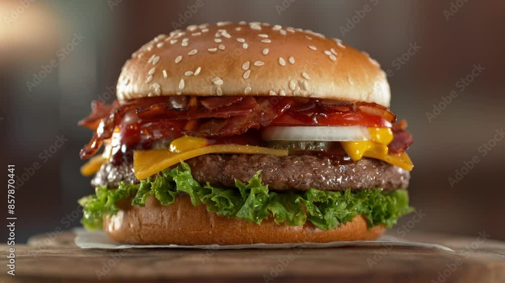 Tasty home made burger with camera movement and rotating . Delicious burger with fresh cabbage, cheese, onions, bacon, tomatoes and grilled beef steak. Tasty home made burger with camera movement and rotating . Delicious burger with fresh cabbage, cheese, onions, bacon, tomatoes and grilled beef steak.