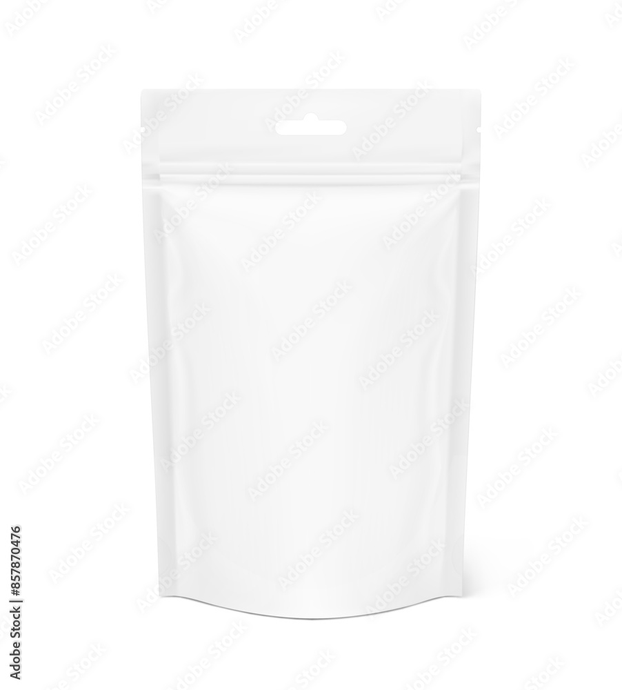 Realistic stand up pouch bag with hang slot and zip lock mockup. Front view. Vector illustration isolated on white background. Ready for your design. EPS10. Realistic stand up pouch bag with hang slot and zip lock mockup. Front view. Vector illustration isolated on white background. Ready for your design. EPS10.