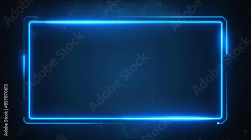 Luminous blue neon frame with led border. Abstract rectangular tech billboard display. Horizontal night music club party modern round sign.