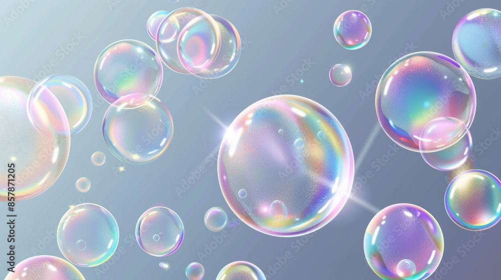 A colorful set of soap bubbles with light reflection on an iridescent surface. Modern realistic illustration suitable for a laundry or bathroom design. A colorful set of soap bubbles with light reflection on an iridescent surface. Modern realistic illustration suitable for a laundry or bathroom design.