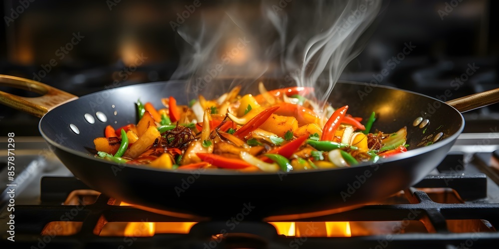 A Chef Masterfully Stir-Fries Vegetables in a Flaming Wok over a Hot Stove. Concept Cooking, Stir-fry, Flaming Wok, Vegetables, Chef A Chef Masterfully Stir-Fries Vegetables in a Flaming Wok over a Hot Stove. Concept Cooking, Stir-fry, Flaming Wok, Vegetables, Chef