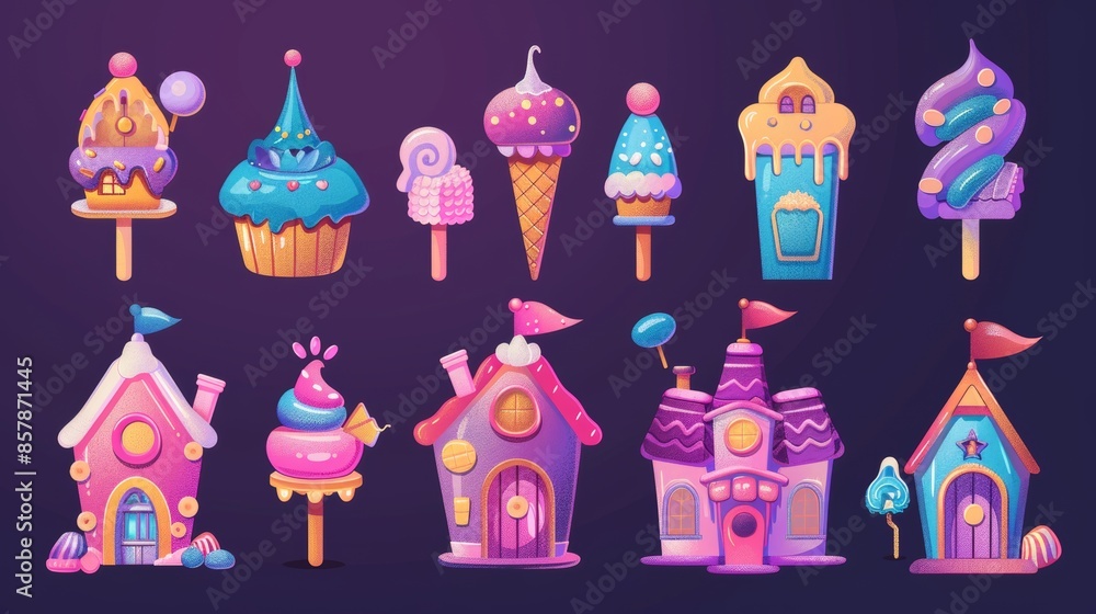 In a candy land house, there is a candy city building set isolated on a white background. There is also an icon illustration of a cute magic caramel dreamland world. In a candy land house, there is a candy city building set isolated on a white background. There is also an icon illustration of a cute magic caramel dreamland world.