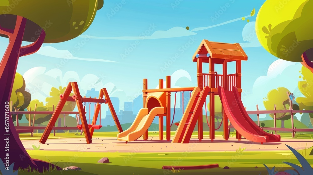 Fototapeta premium Kids playground with slides, sandboxes, and swings in sunny weather. Park, garden, or backyard, kindergarten field, Illustration modern.