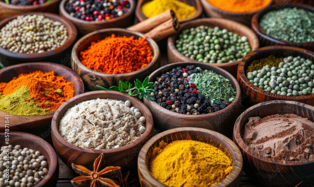 A vibrant mix of colorful spices and herbs arranged in rustic wooden bowls A vibrant mix of colorful spices and herbs arranged in rustic wooden bowls
