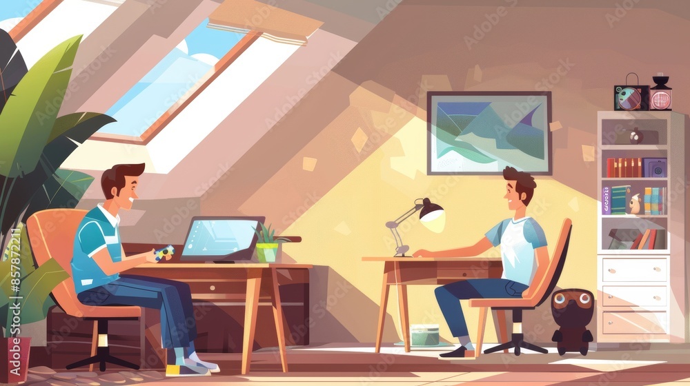 The father supports the teenage son. Cartoon modern man hugging the teenager and talking to the kid. Male parent sitting in a bedroom, talking to the son. Communication and family relationships The father supports the teenage son. Cartoon modern man hugging the teenager and talking to the kid. Male parent sitting in a bedroom, talking to the son. Communication and family relationships