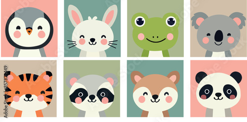 Cute simple animal portraits — rabbit, frog, tiger, sloth, koala, panda, bear, penguin. Print for children's fabric, covers