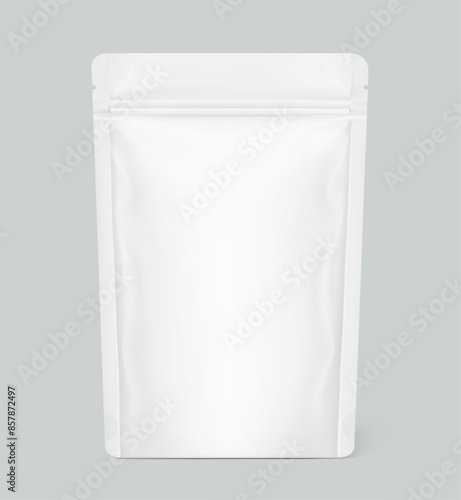 Realistic stand up pouch bag with zip lock mockup with transparent shadow. Front view. Vector illustration isolated on grey background. Ready for your design. EPS10.