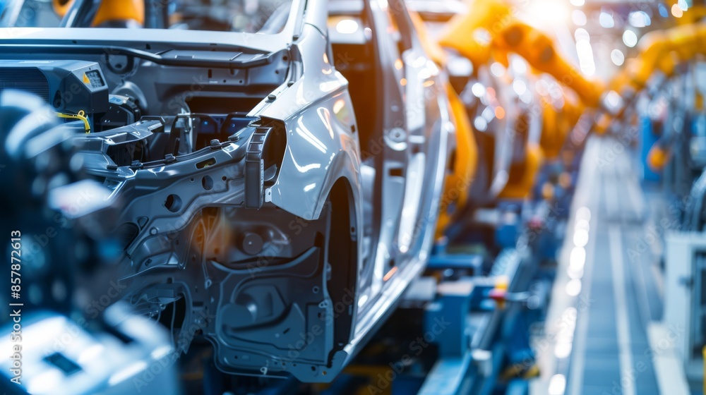 Robotic arms assembling car body in automotive industry