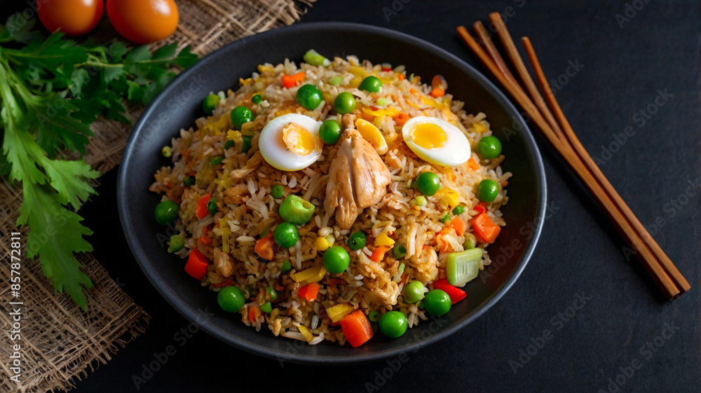Fried rice with vegetables eggs chicken isolated on black background Fried rice with vegetables eggs chicken isolated on black background
