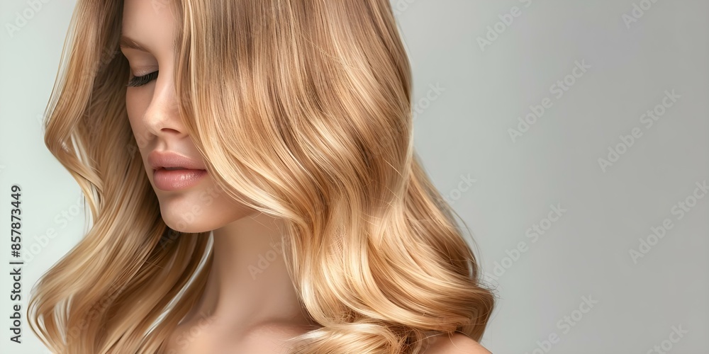 Naklejka premium Balayage Ombre Technique Blending Dark Roots to Light Ends on Woman's Hair. Concept Hair Coloring Techniques, Balayage Ombre, Dark Roots, Light Ends, Women's Hair