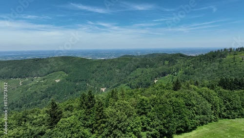 Drone view in Beskid mountains, Blatnia. Summer green forest on Blatnia. Beskid mountains in Jaworze. Drone fly above green mountains in summer. Polish green mountains and hills aerial drone photo photo