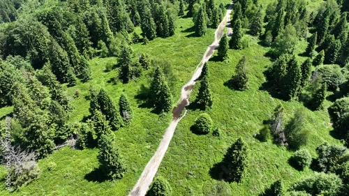 Drone view in Beskid mountains, Blatnia. Summer green forest on Blatnia. Beskid mountains in Jaworze. Drone fly above green mountains in summer. Polish green mountains and hills aerial drone photo photo