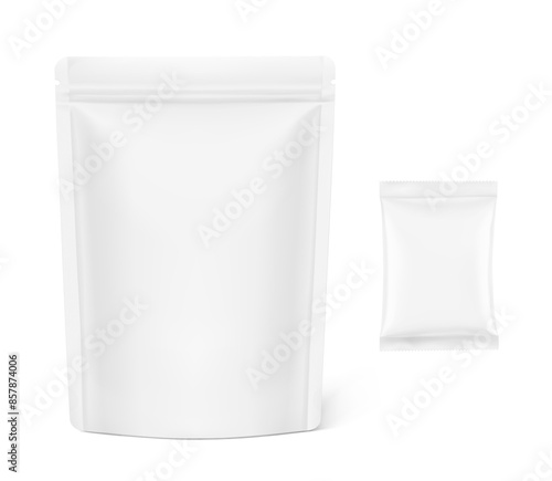 Realistic family stand up pouch bag mockup for mini pillow bags, sachets with shadow. Vector illustration isolated on white background. Easy to make a realistic mockup of your product. EPS10.