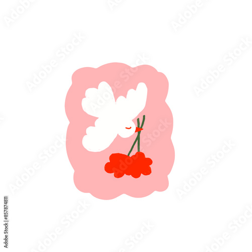 timbre rose blanc et rouge avec une colombe et des roses
