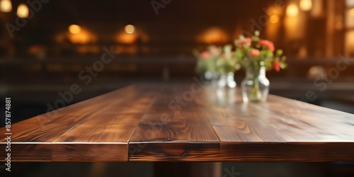 Inviting Wooden Table in Cafe with Polished Surface and Soft Light on Display. Concept Cafe Photography, Wooden Table Setting, Soft Lighting, Interior Decor, Food and Drink Display