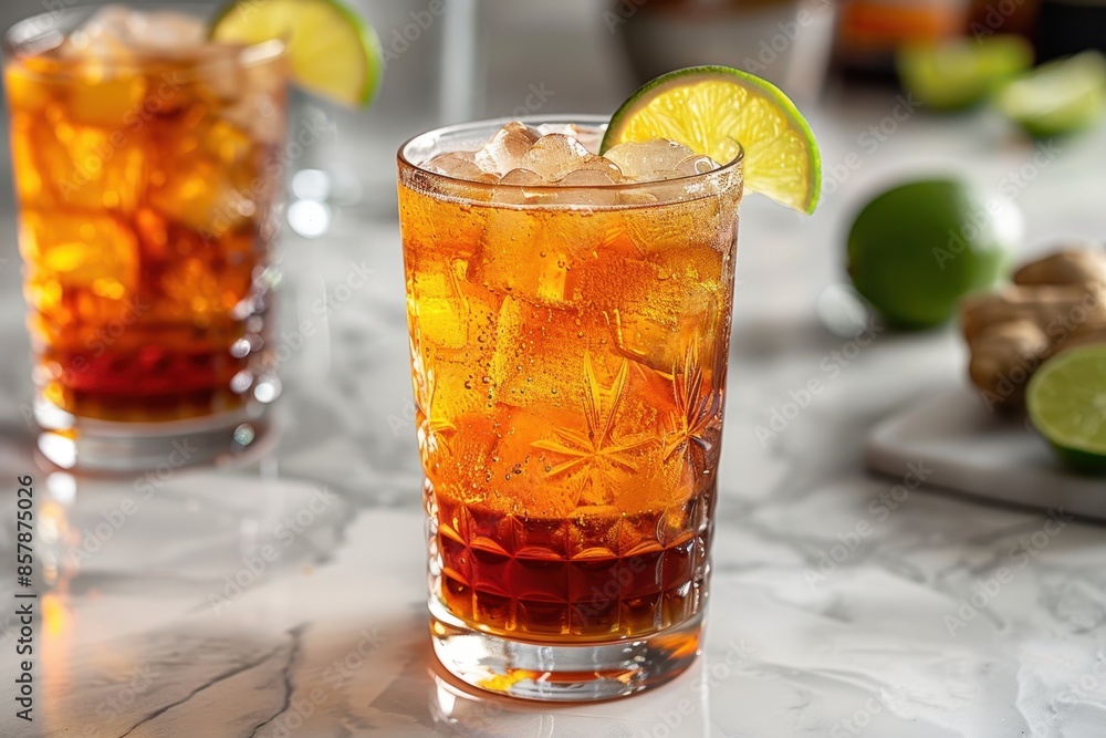 A dark and stormy cocktail in a tall glass with ginger beer, dark rum, and a lime wedge. A dark and stormy cocktail in a tall glass with ginger beer, dark rum, and a lime wedge.