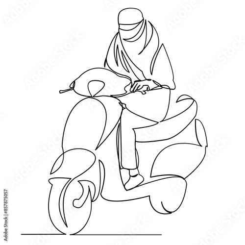 continuous single drawn one-line Muslim woman edging on a bike hand-drawn picture silhouette. Line art. the modern Muslim woman is the father of a scooter