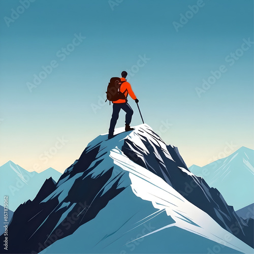 Conquering the Peak: A lone hiker stands triumphant atop a snow-capped mountain, gazing out at the vast, sun-drenched vista.  A minimalist vector illustration of adventure and determination