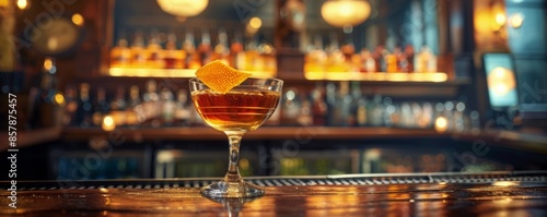 A Single Cocktail on a Bar Counter in a Dimly Lit Bar