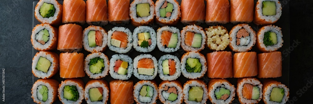 Assorted Sushi Rolls Delight. A stunning array of delectable sushi rolls, showcasing a harmonious blend of flavors and textures. Assorted Sushi Rolls Delight. A stunning array of delectable sushi rolls, showcasing a harmonious blend of flavors and textures.