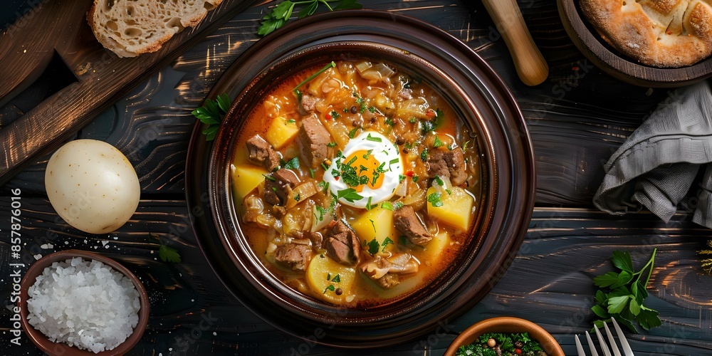 Ukrainian Kapusniak Soup A Traditional Dish with Sauerkraut, Potatoes, Meat, and Sour Cream. Concept Ukrainian Cuisine, Kapusniak Soup, Traditional Dish, Sauerkraut Recipe, Sour Cream Garnish Ukrainian Kapusniak Soup A Traditional Dish with Sauerkraut, Potatoes, Meat, and Sour Cream. Concept Ukrainian Cuisine, Kapusniak Soup, Traditional Dish, Sauerkraut Recipe, Sour Cream Garnish