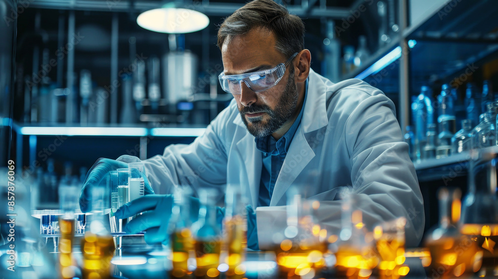 Focused scientist working diligently in a modern laboratory, examining specimens Focused scientist working diligently in a modern laboratory, examining specimens