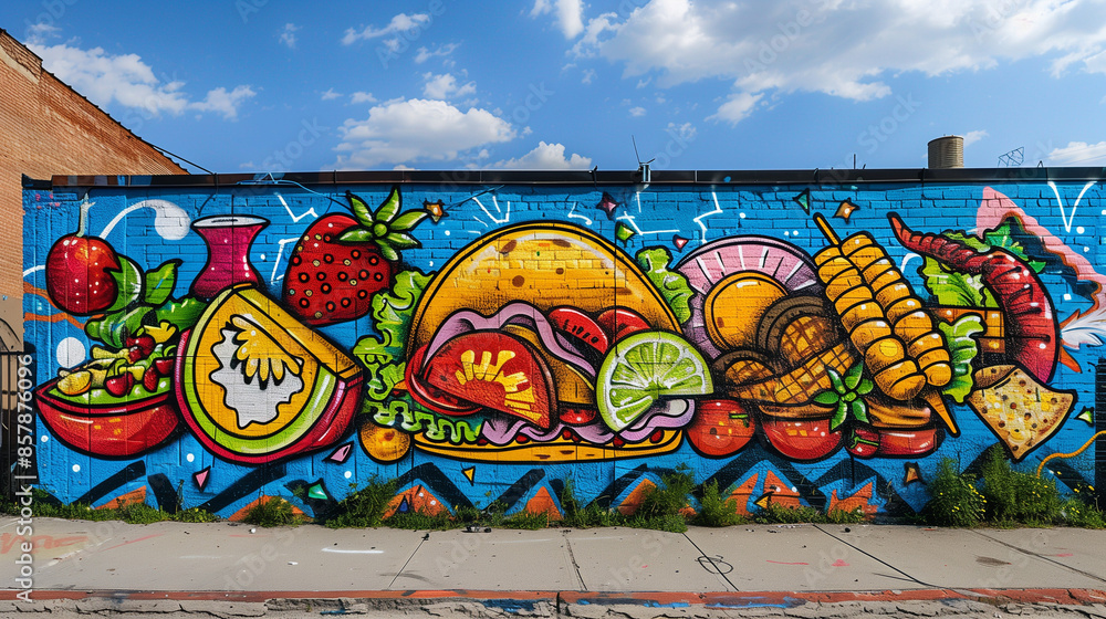 Fototapeta premium vibrant street art mural showcasing iconic Mexican foods with bold colors, featuring tacos, corn, fruits, and various vegetables