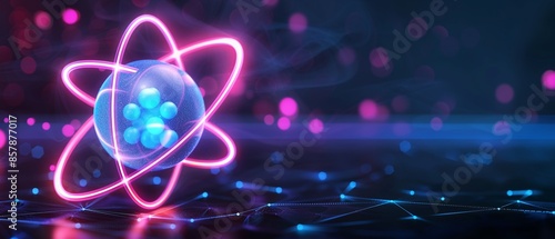 Atom model featuring bright orbiting electrons with trails, nucleus of blue and magenta particles, dark backdrop with luminous highlights, detailed and futuristic, 3D style photo