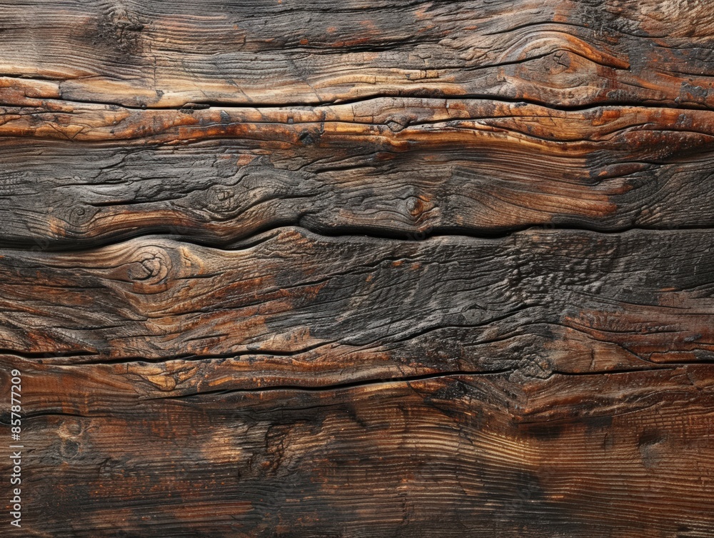 Naklejka premium Close-up of Dark Brown Weathered Woodgrain Texture with Knots and Cracks
