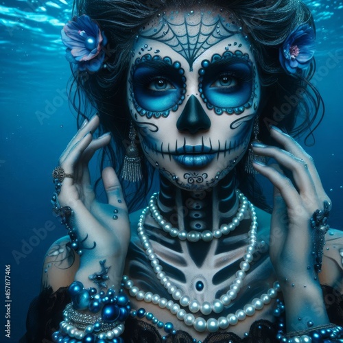 woman with day of the dead makeup, blue colors, underwater background