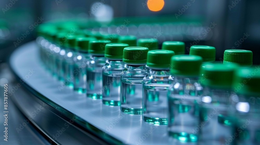 Rows of glass vials with green caps on a rotating conveyor, liquid inside, bright industrial lighting, highdetail, pharmaceutical processing line, sharp and clear Rows of glass vials with green caps on a rotating conveyor, liquid inside, bright industrial lighting, highdetail, pharmaceutical processing line, sharp and clear