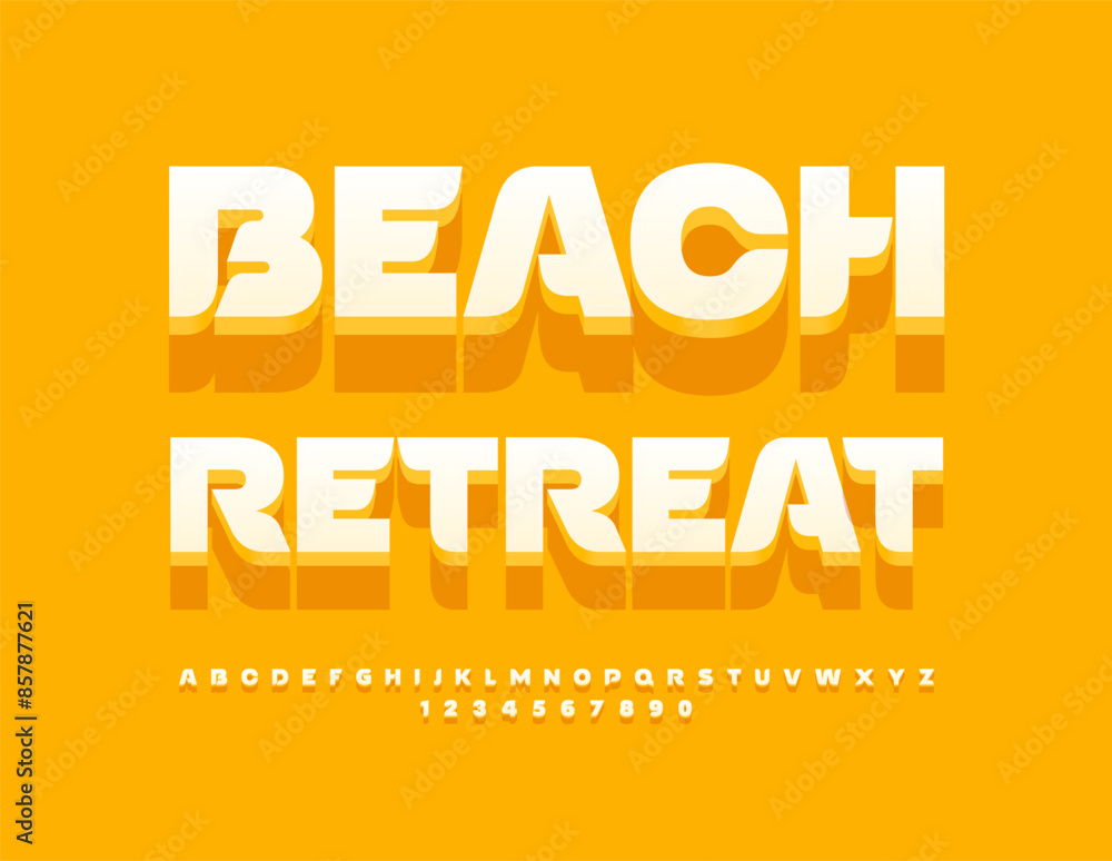 Vector travel poster Beach Retreat. Sunny White 3D Font. Creative set of Alphabet Letters and Numbers. Vector travel poster Beach Retreat. Sunny White 3D Font. Creative set of Alphabet Letters and Numbers.