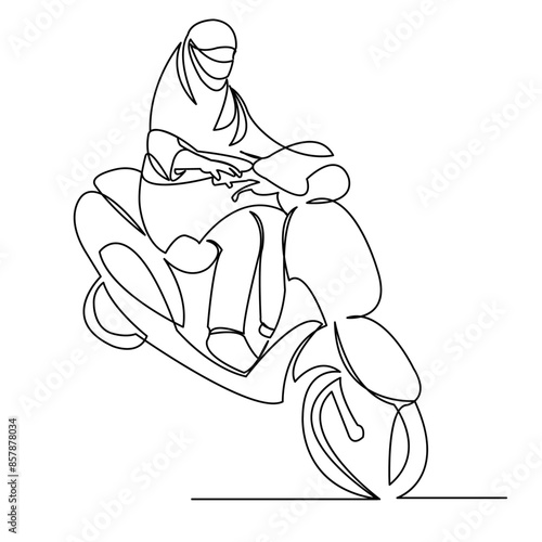 continuous single drawn one-line Muslim woman edging on a bike hand-drawn picture silhouette. Line art. the modern Muslim woman is the father of a scooter