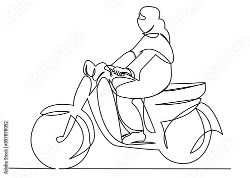 continuous single drawn one-line Muslim woman edging on a bike hand-drawn picture silhouette. Line art. the modern Muslim woman is the father of a scooter