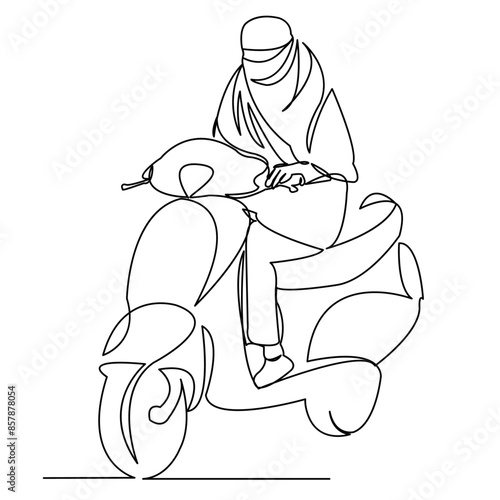 continuous single drawn one-line Muslim woman edging on a bike hand-drawn picture silhouette. Line art. the modern Muslim woman is the father of a scooter