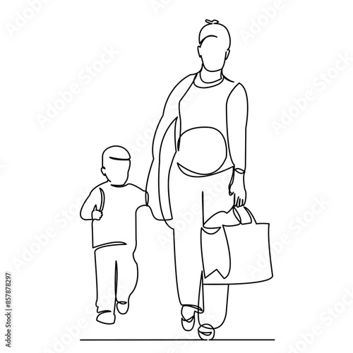 continuous single drawn one line pregnant mom goes shopping with her son hand-drawn picture silhouette.Line art. a pregnant mother with a son