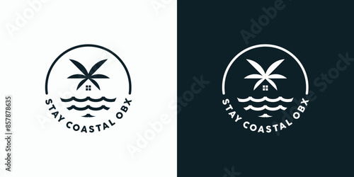 Beach house vector logo design with palm trees in modern, simple, clean and abstract style.