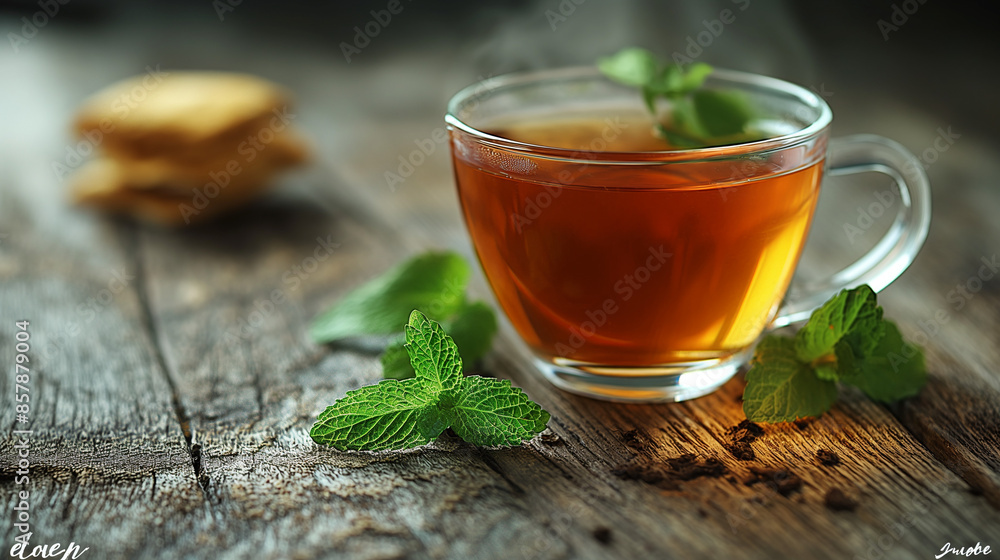 Glass cup of aromatic green tea with fresh mint on wooden table against blurred background. Space for text