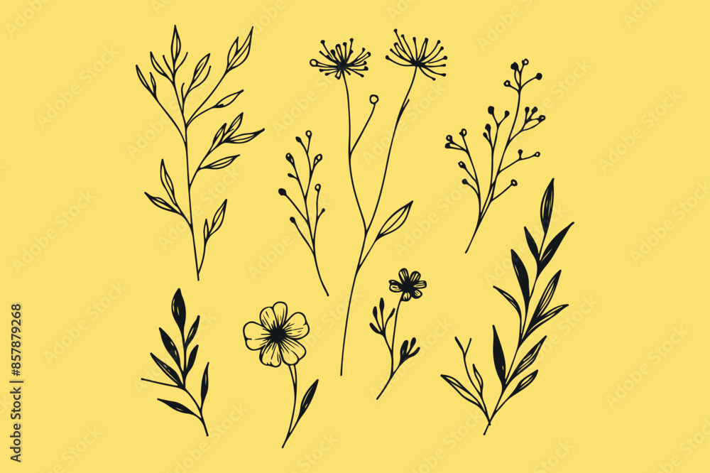 Fototapeta premium single continuous line flowers, leaves. Art floral elements.