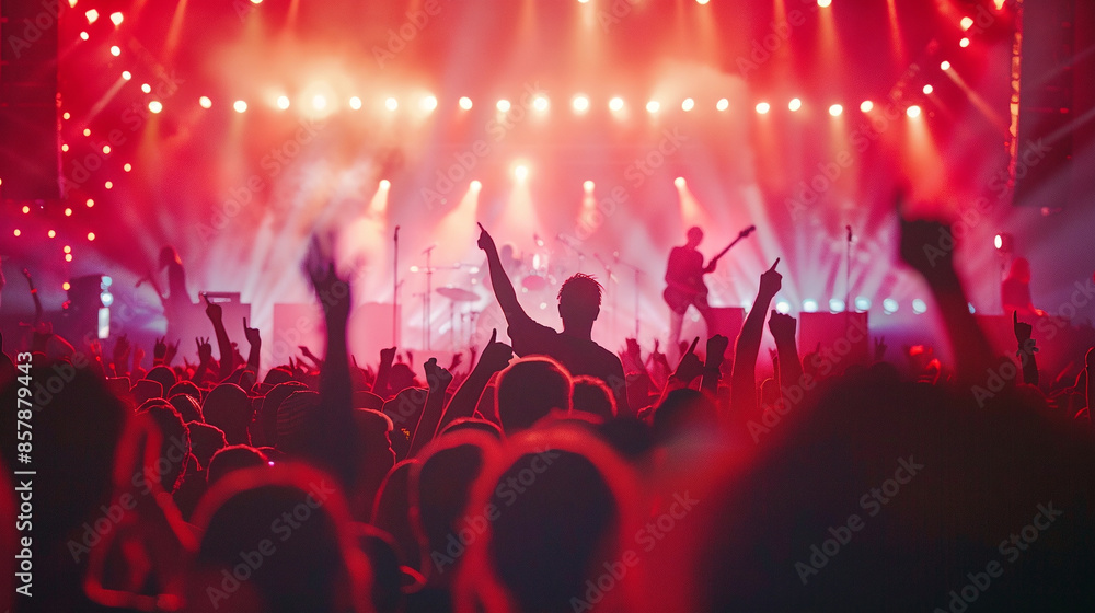 Huge crowd of people at concert. Musical band is performing on stage. Rear view of the crowd. Red light Huge crowd of people at concert. Musical band is performing on stage. Rear view of the crowd. Red light