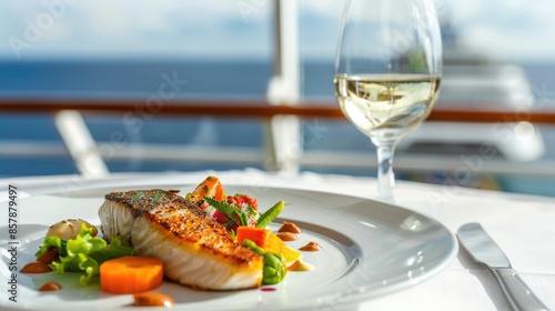 A plate of grilled salmon and white wine enjoyed on a cruise ship with a stunning ocean view at sunset