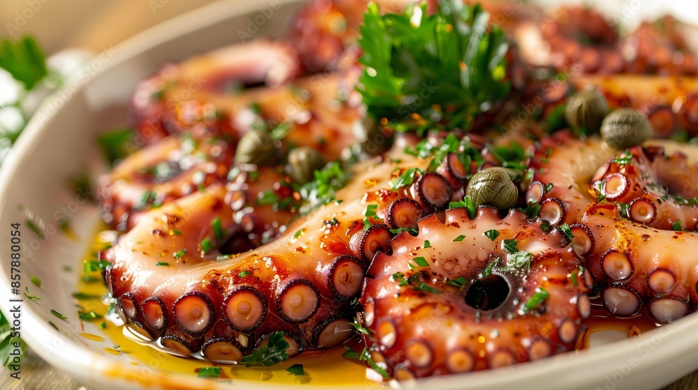 Close-Up of Thinly Sliced Octopus Carpaccio with Olive Oil and Capers Close-Up of Thinly Sliced Octopus Carpaccio with Olive Oil and Capers