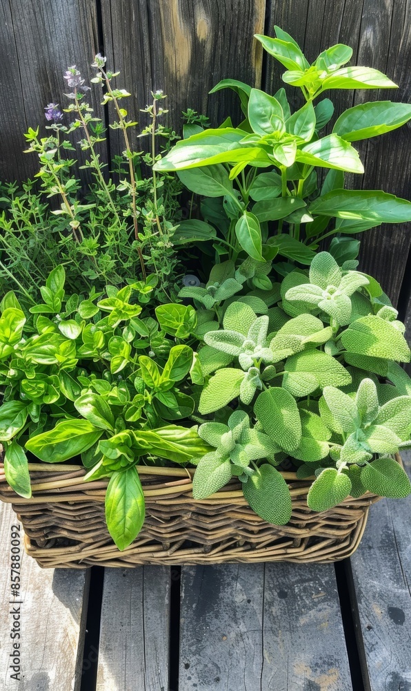 A variety of fresh herbs, including basil, mint, parsley, and thyme, growing in a rustic garden planter, creating a colorful and aromatic mix A variety of fresh herbs, including basil, mint, parsley, and thyme, growing in a rustic garden planter, creating a colorful and aromatic mix