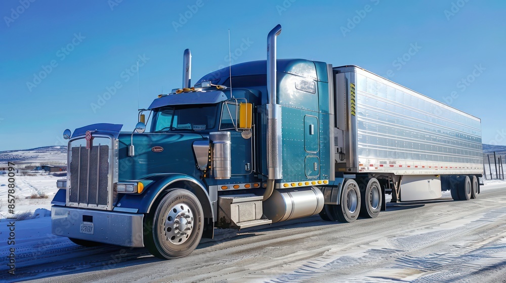 Industrial long hauler big rig black semi truck tractor with truck driver sleeping compartment transporting cargo in dry van semi trailer driving on the straight wide highway Industrial long hauler big rig black semi truck tractor with truck driver sleeping compartment transporting cargo in dry van semi trailer driving on the straight wide highway
