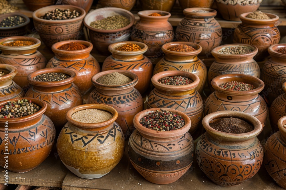 A collection of various spices and seasonings stored in small ceramic jars, adding flavor and aroma to culinary creations A collection of various spices and seasonings stored in small ceramic jars, adding flavor and aroma to culinary creations