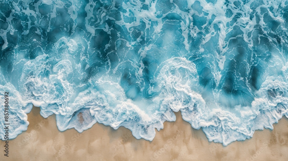 Naklejka premium An aerial photograph of turquoise ocean waves crashing on a sandy shore